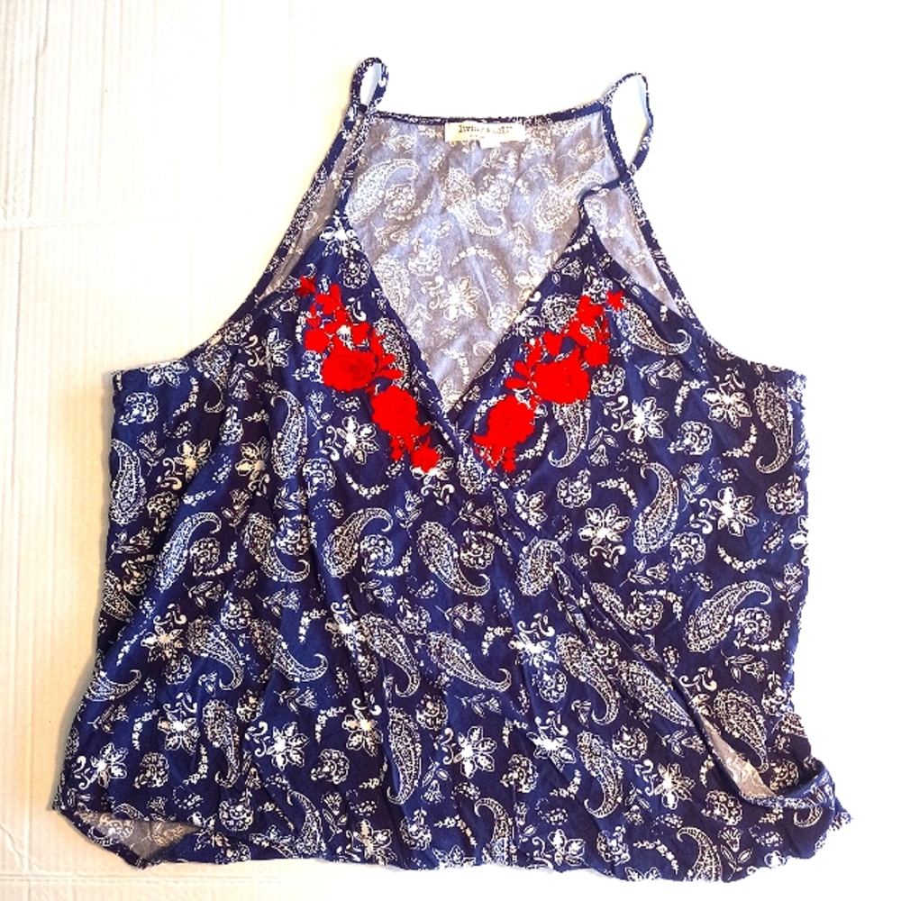 Living Doll blue summer tank top with red rose embroidered trim